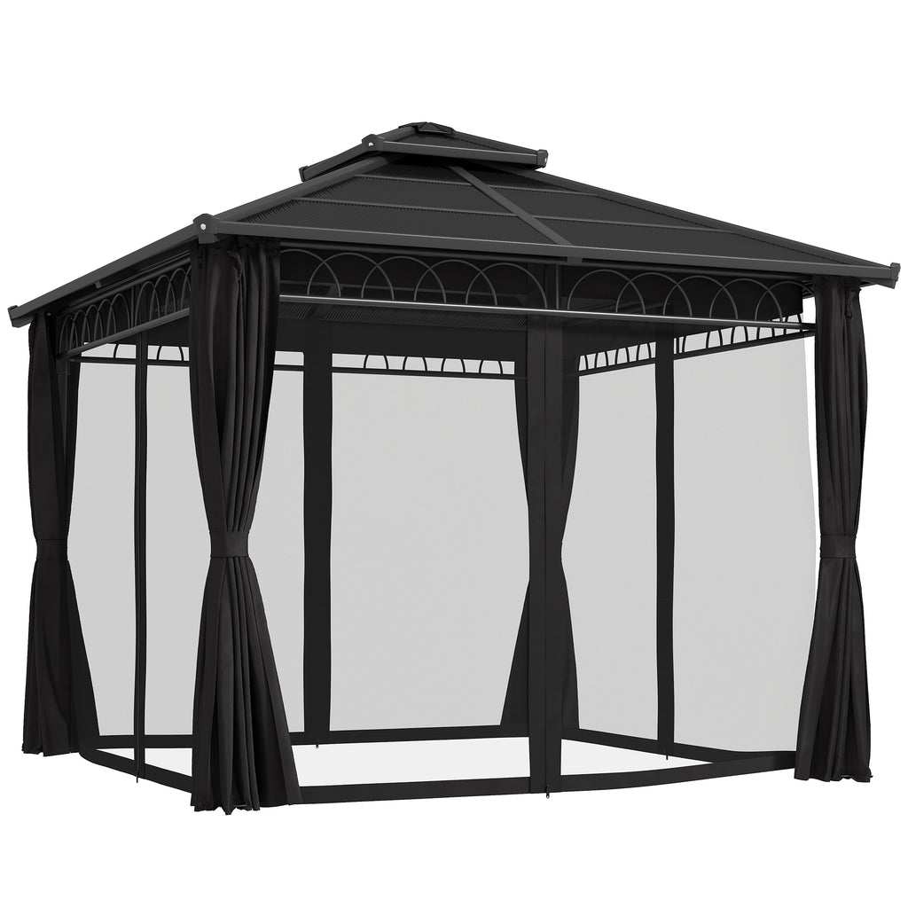 Outsunny 3 x 3 (m) Outdoor Polycarbonate Gazebo, Double Roof Hard Top Gazebo with Galvanised Steel Frame, Nettings & Curtains for Garden, Lawn, Patio and Deck, Dark Grey