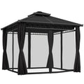 Outsunny 3 x 3 (m) Outdoor Polycarbonate Gazebo, Double Roof Hard Top Gazebo with Galvanised Steel Frame, Nettings & Curtains for Garden, Lawn, Patio and Deck, Dark Grey