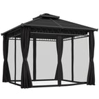 Outsunny 3 x 3 (m) Outdoor Polycarbonate Gazebo, Double Roof Hard Top Gazebo with Galvanised Steel Frame, Nettings & Curtains for Garden, Lawn, Patio and Deck, Dark Grey