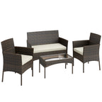 Outsunny 4 Piece Rattan Garden Furniture Sofa Set with Loveseat, Armchairs, Glass-Top Coffee Table and Cushions, Brown