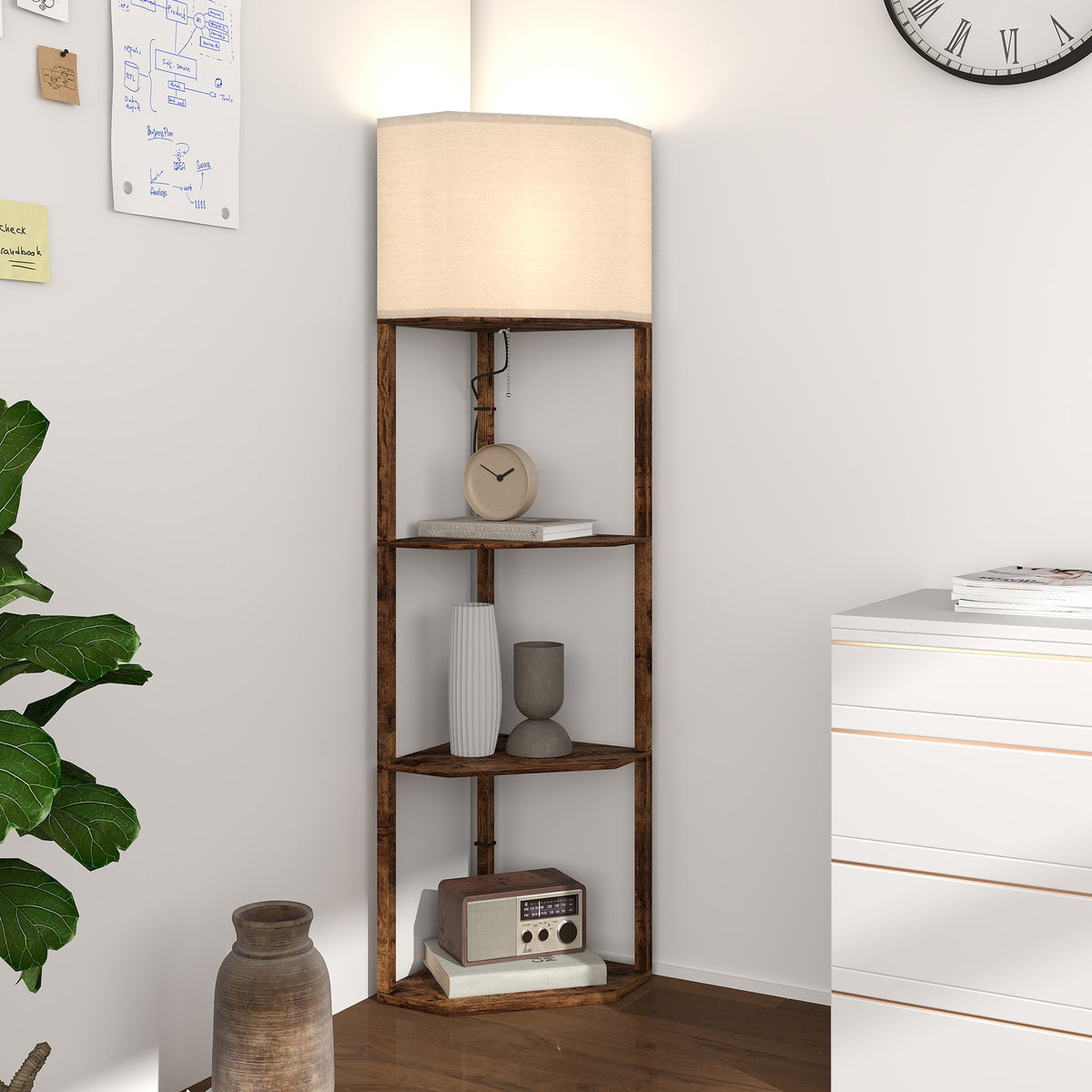 Corner Floor Lamp with Shelves, Tall Standing Lamps for Living Room, with Pull Chain Switch Bulb not Included, Rustic Brown