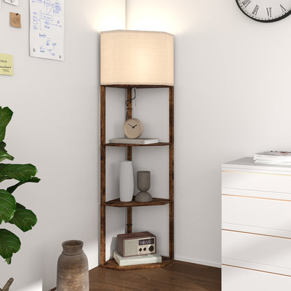 Corner Floor Lamp with Shelves, Tall Standing Lamps for Living Room, with Pull Chain Switch Bulb not Included, Rustic Brown