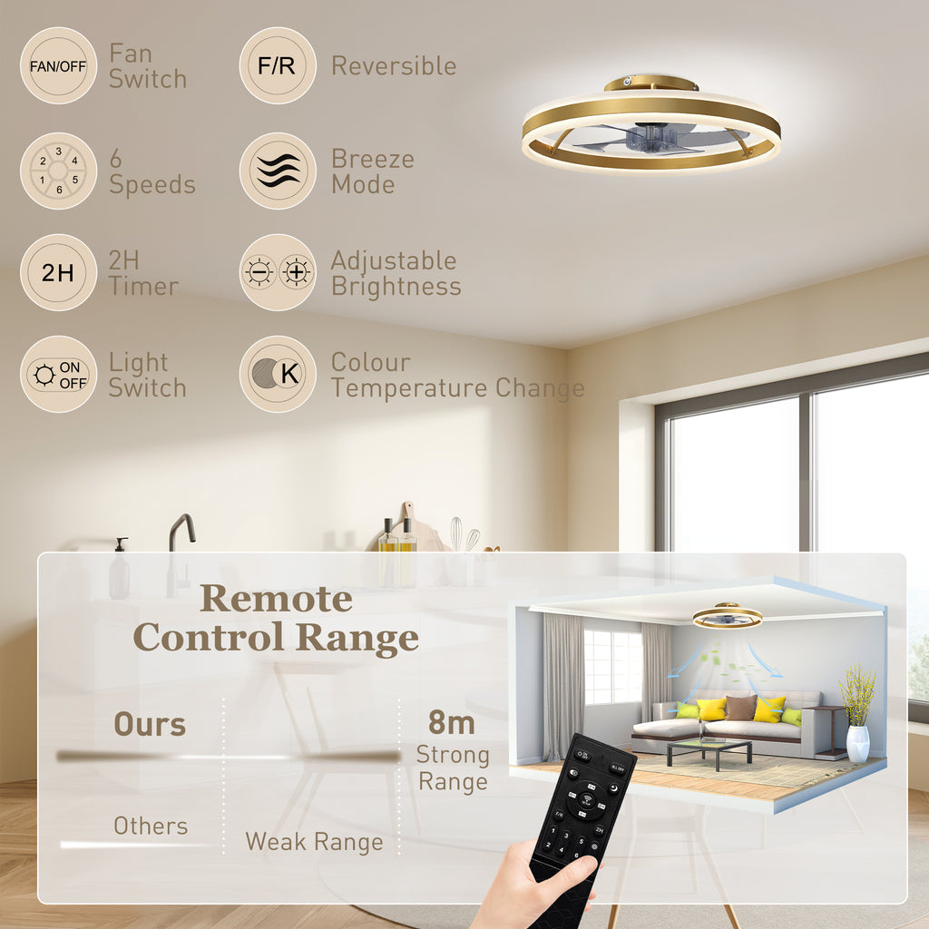 Ceiling Fan with Light and Remote, LED Mount Ceiling Fan with 3 Colour Temperatures, 6 Speed, 50 cm, Gold Tone