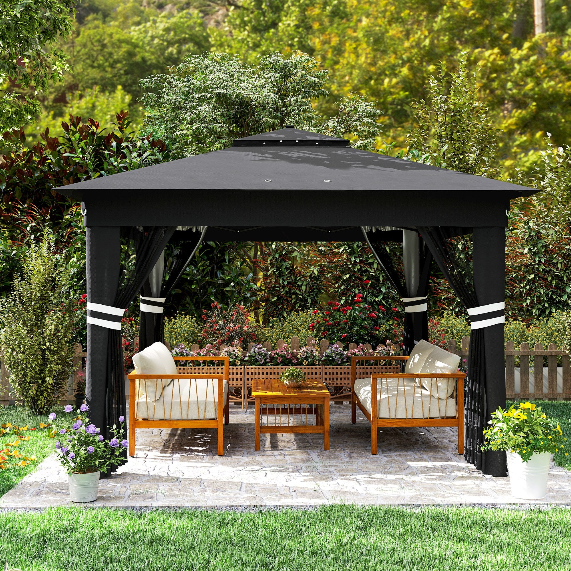 Outsunny 3.36 x 3.36m Pop Up Gazebo Party Tent with Solar-Powered LED Lights, Adjustable Event Shelter with Netting, Black