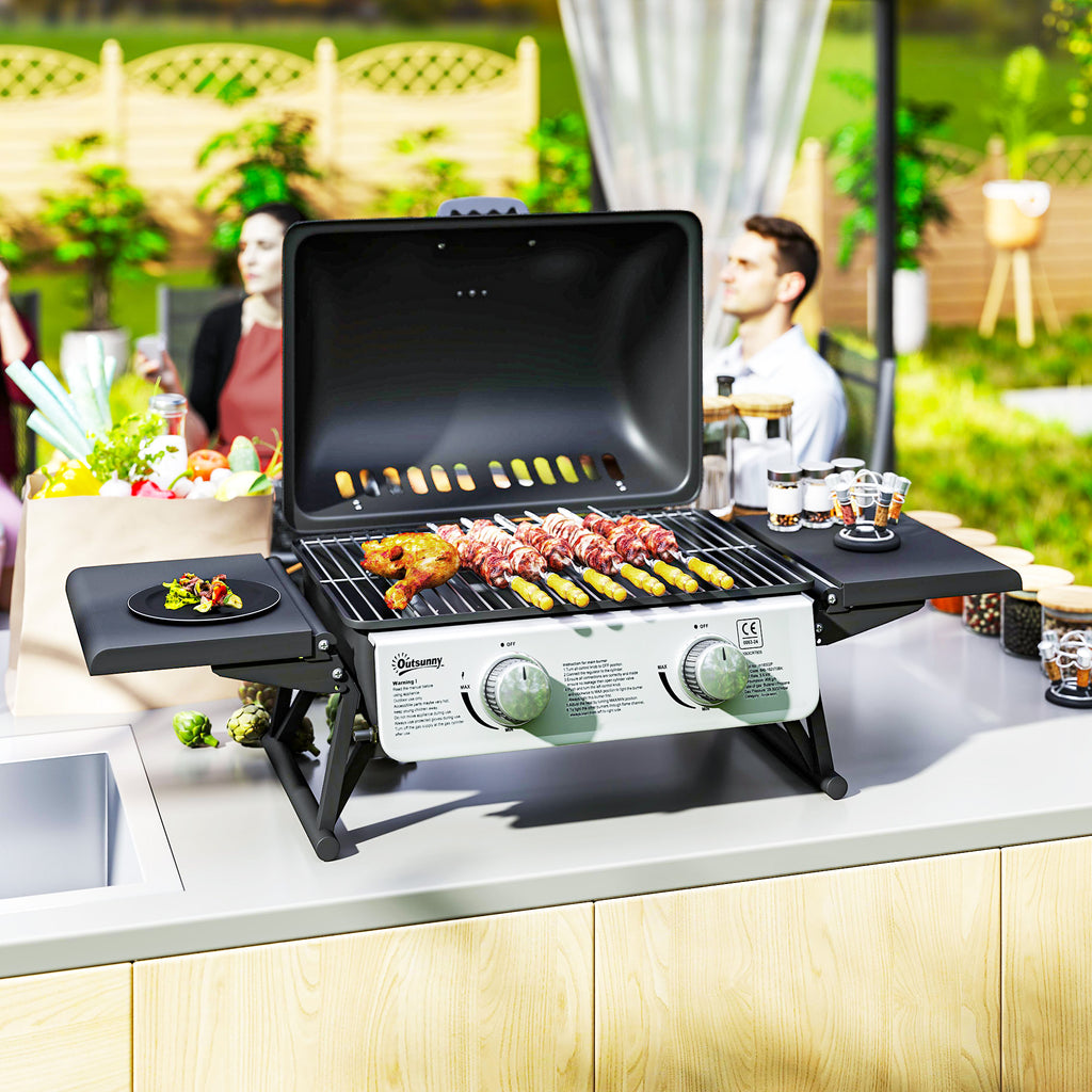 Outsunny Two-Burner Compact Gas Grill with 2 Folding Side Shelves - Black