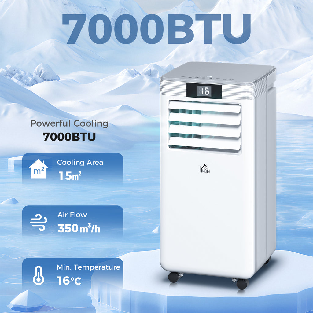 7000 BTU Air Conditioning Unit, 3-in-1 Portable Air Conditioner, Dehumidifier, Cooling Fan with Remote Control, LED Display, 2 Speeds, 24H Timer, Window Venting Kit, 15m²
