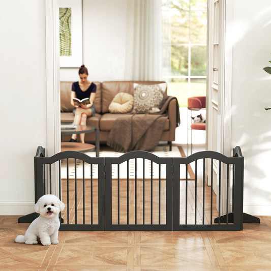 PawHut Wooden Foldable Dog Gate Panel Pet Fence Freestanding Safety Barrier for the House, Doorway, Stairs (Black)