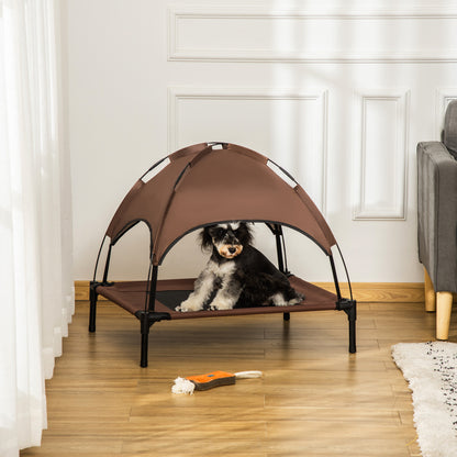 PawHut Outdoor Dog Bed with Removable Canopy, Portable Raised Dog Bed for Camping, Garden & Beach, Water-Resistant UV-Protection Mesh Pet Cot Sun Lounger, for Medium Pets, 76 x 61 x 73 cm, Brown