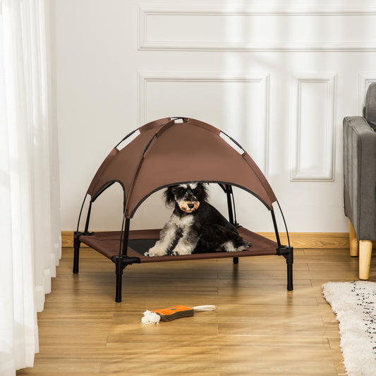 PawHut Outdoor Dog Bed with Removable Canopy, Portable Raised Dog Bed for Camping, Garden & Beach, Water-Resistant UV-Protection Mesh Pet Cot Sun Lounger, for Medium Pets, 76 x 61 x 73 cm, Brown