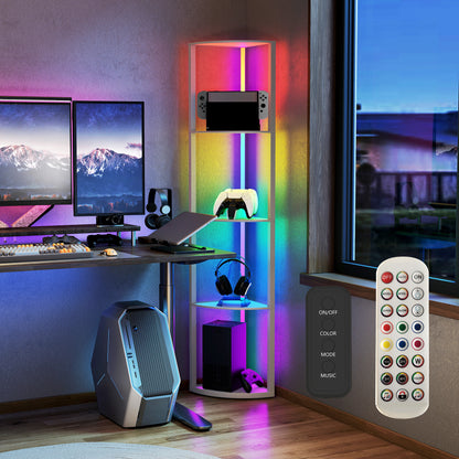 RGB LED Floor Lamp with Shelves, 5-Tier Dimmable Standing Lamp with Adjustable Brightness and Remote Control, Modern Corner Display Shelf Unit for Living Room Bedroom Office, Grey