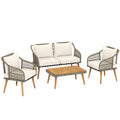 Outsunny 4 Piece Rattan Garden Furniture Set with Loveseat, Armchairs, Wood Table, Wicker Patio Conversation Set, Cream White