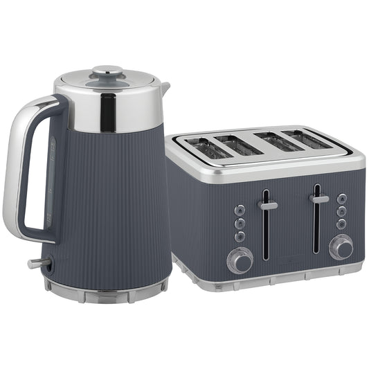 Electric Stainless Steel Kettle and Toaster Set, 3000W 1.7L UK Strix Thermostat Fast Boil Kettle w/ Limescale Filter, Cool Touch Body, 4 Slice Toaster with 7 Browning Levels, Crumb Tray, Grey