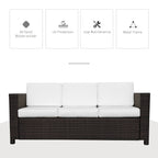 Outsunny 3 Seater Rattan Sofa, All-Weather Wicker Weave Metal Frame Chair with Fire Resistant Cushion, Brown