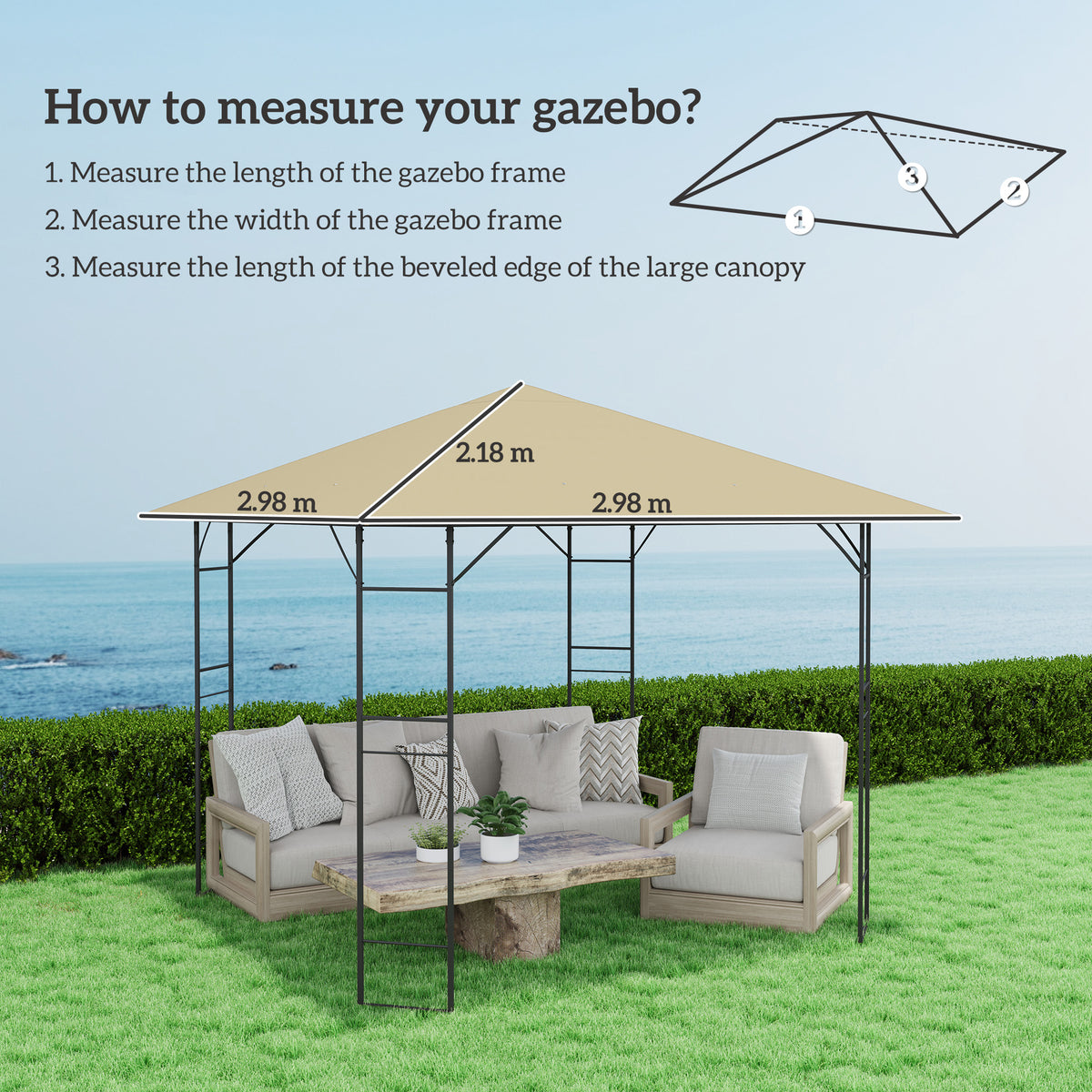 Outsunny 3 x 3(m) Gazebo Canopy Replacement Cover, Garden Gazebo Roof Replacement with Drain Holes, Water Resistant PVC Coating, 370g/?, UPF30+, TOP COVER ONLY, Beige