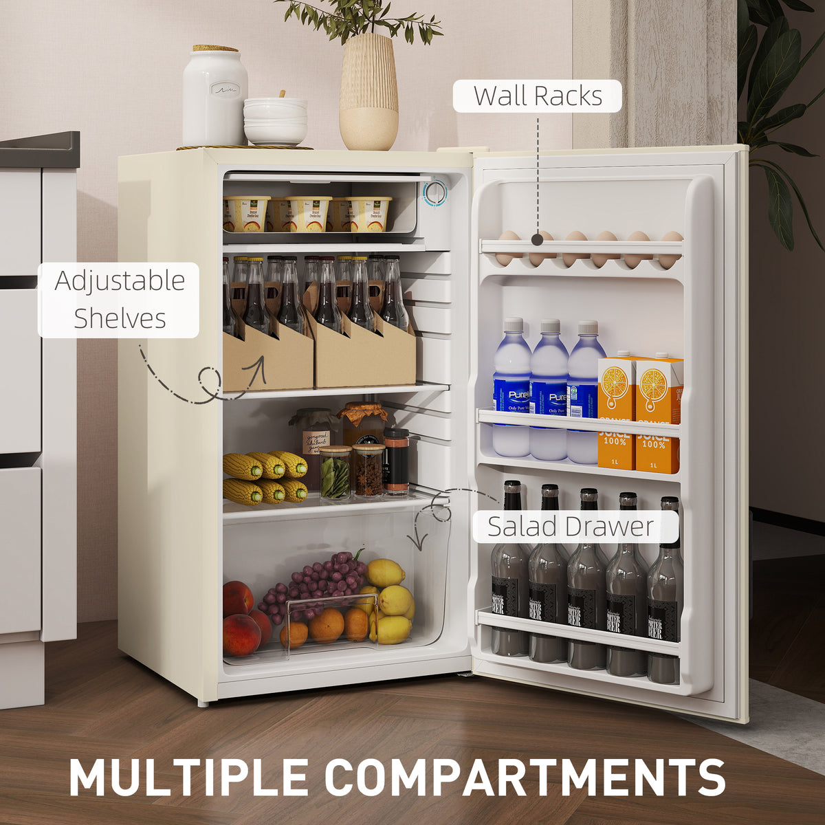 Under Counter Fridge, 91L Small Fridge with Chiller Box, Removable Shelf, Reversible Door, Adjustable Legs, Mini Refrigerator, Beige