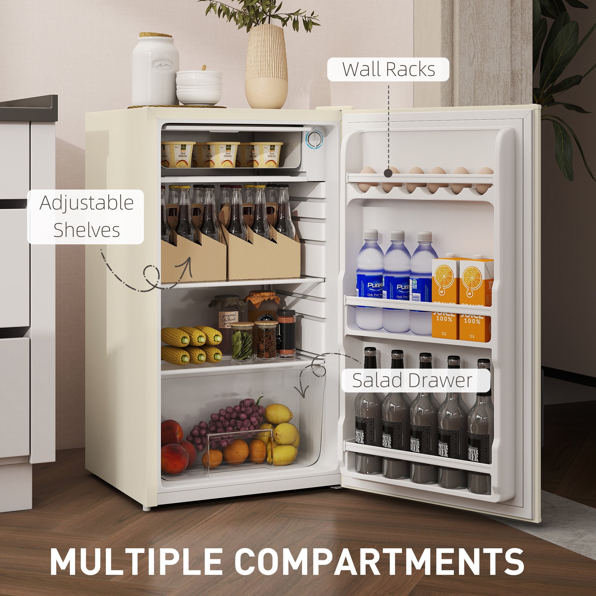 Under Counter Fridge, 91L Small Fridge with Chiller Box, Removable Shelf, Reversible Door, Adjustable Legs, Mini Refrigerator, Beige