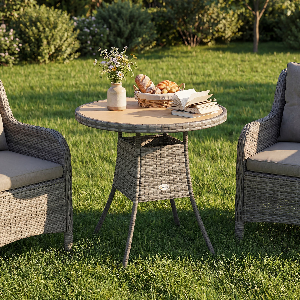 Outsunny 70 cm Wood-Effect Rattan Garden Table - Natural Wood Finish