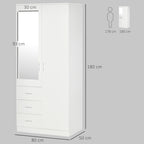 2 Door 3 Drawer Mirrored Wardrobe with Hanging Rail, Modern Clothes Storage Cupboard with Mirror, Drawers and Adjustable Shelves for Bedroom, 80 x 50 x 180 cm, White
