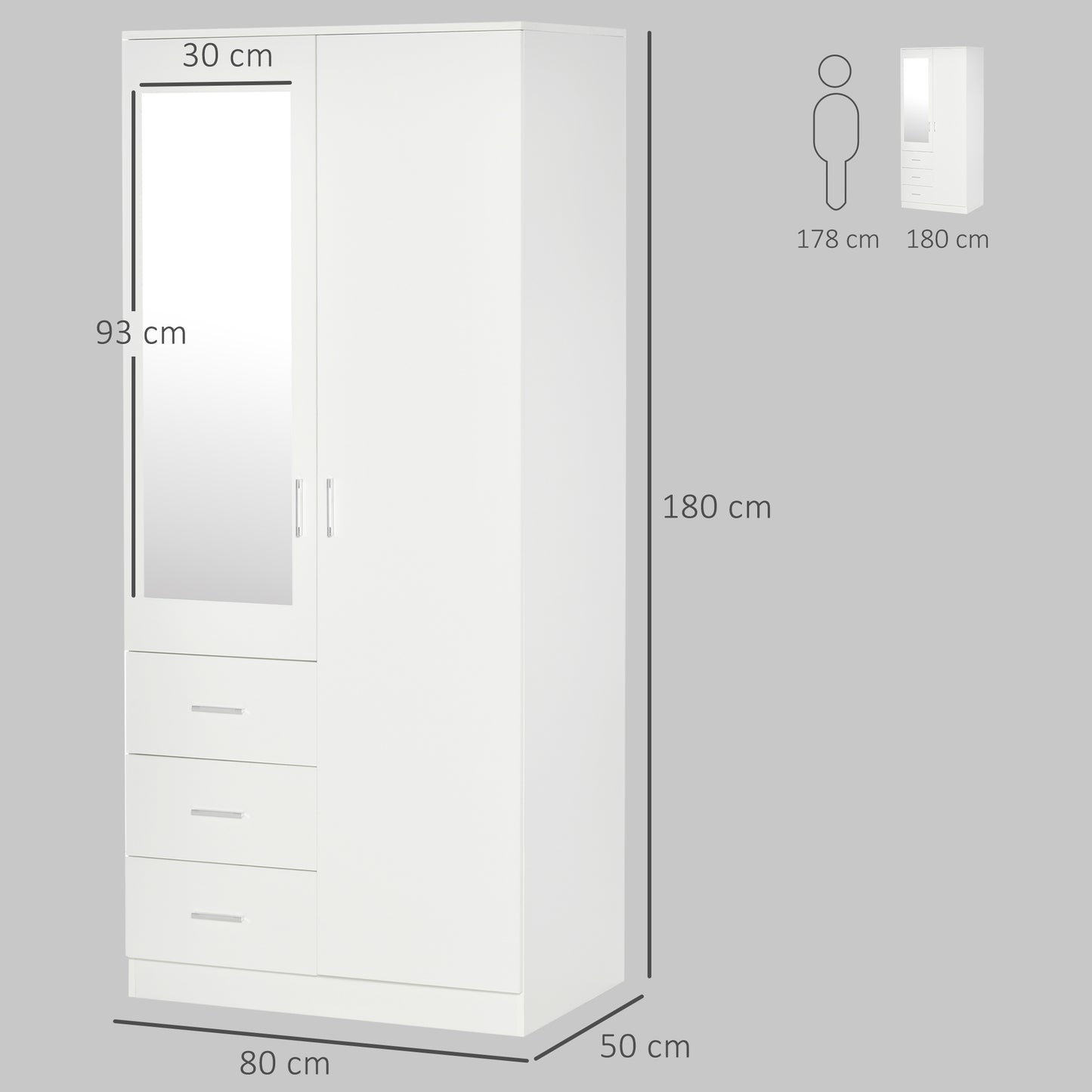 2 Door 3 Drawer Mirrored Wardrobe with Hanging Rail, Modern Clothes Storage Cupboard with Mirror, Drawers and Adjustable Shelves for Bedroom, 80 x 50 x 180 cm, White