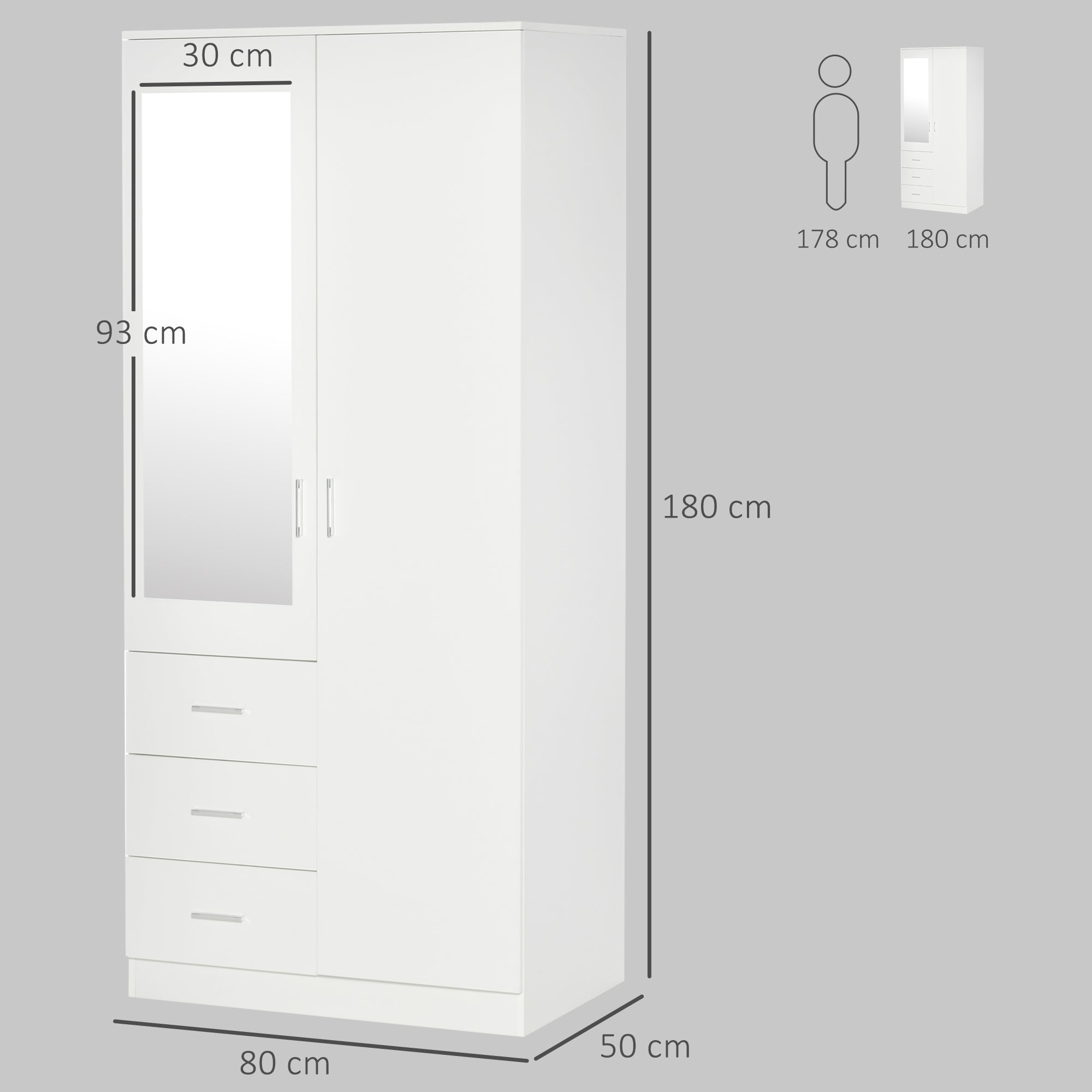 2 Door 3 Drawer Mirrored Wardrobe with Hanging Rail, Modern Clothes Storage Cupboard with Mirror, Drawers and Adjustable Shelves for Bedroom, 80 x 50 x 180 cm, White