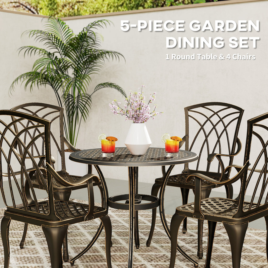 Outsunny 5 Pieces Garden Dining Set for 4, Cast Aluminium Outdoor Dining Set with 4 Armchairs and Round Dining Table with Parasol Hole, Garden Furniture Bistro Set, Bronze Tone
