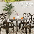 Outsunny 5 Pieces Garden Dining Set for 4, Cast Aluminium Outdoor Dining Set with 4 Armchairs and Round Dining Table with Parasol Hole, Garden Furniture Bistro Set, Bronze Tone