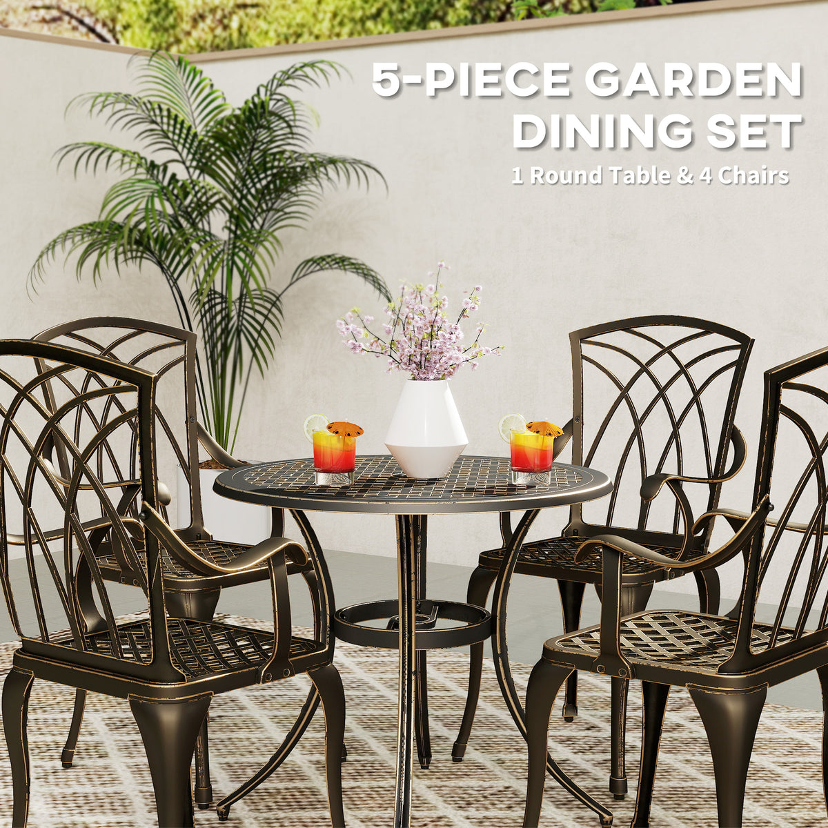 Outsunny 5 Pieces Garden Dining Set for 4, Cast Aluminium Outdoor Dining Set with 4 Armchairs and Round Dining Table with Parasol Hole, Garden Furniture Bistro Set, Bronze Tone