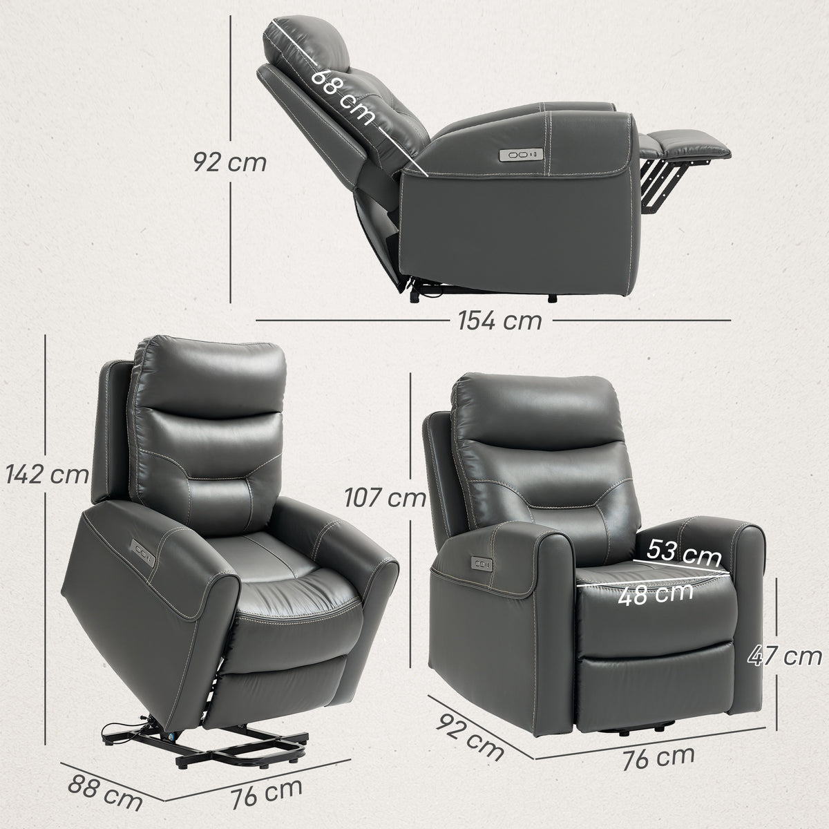 Power Lift Recliner Chair for Elderly, Overstuffed Faux Leather Riser and Reclining Chair with USB A+C Ports, Recliner Armchair for Living Room, Charcoal Grey