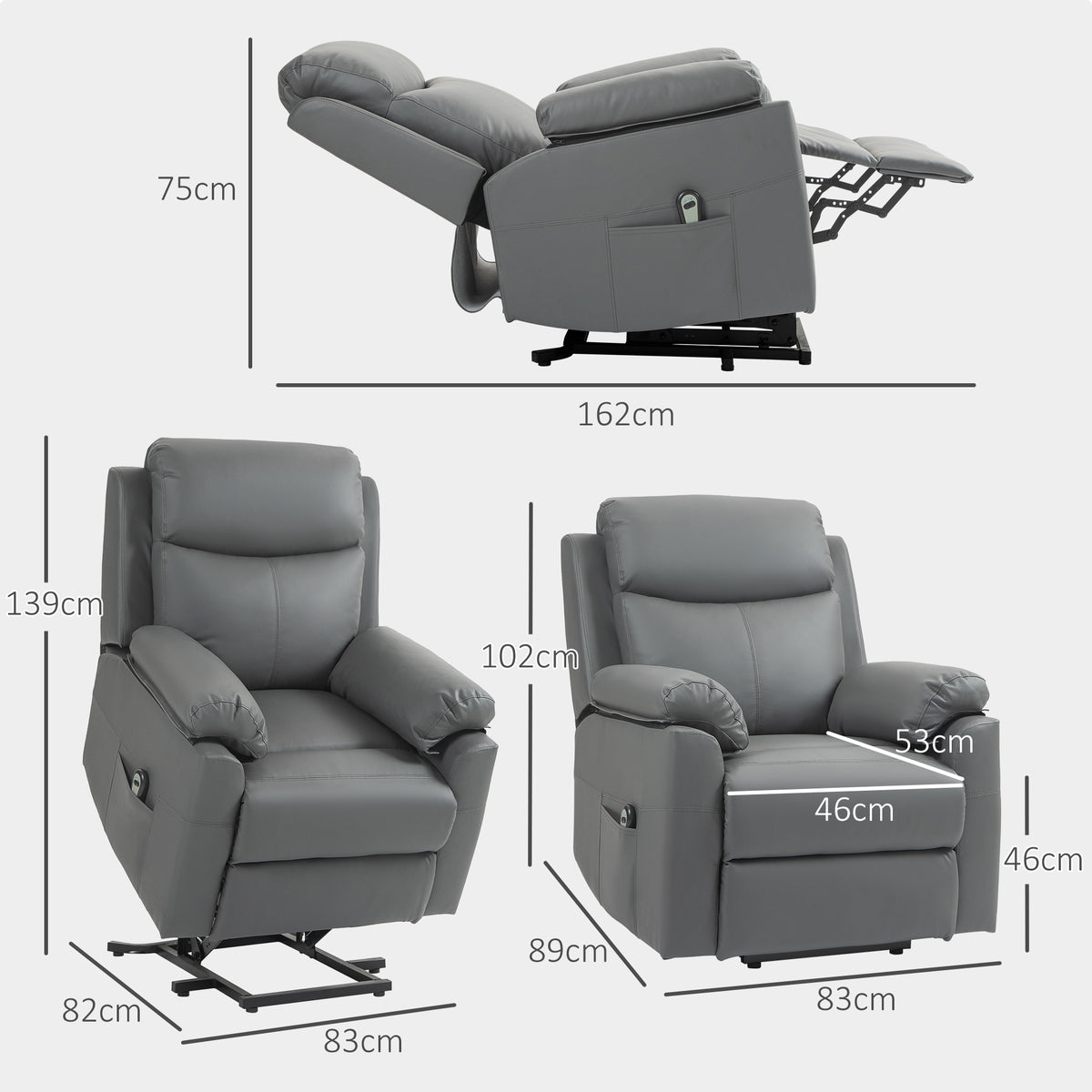 Faux Leather 70° Electric Riser Recliner Chair, Charcoal Grey