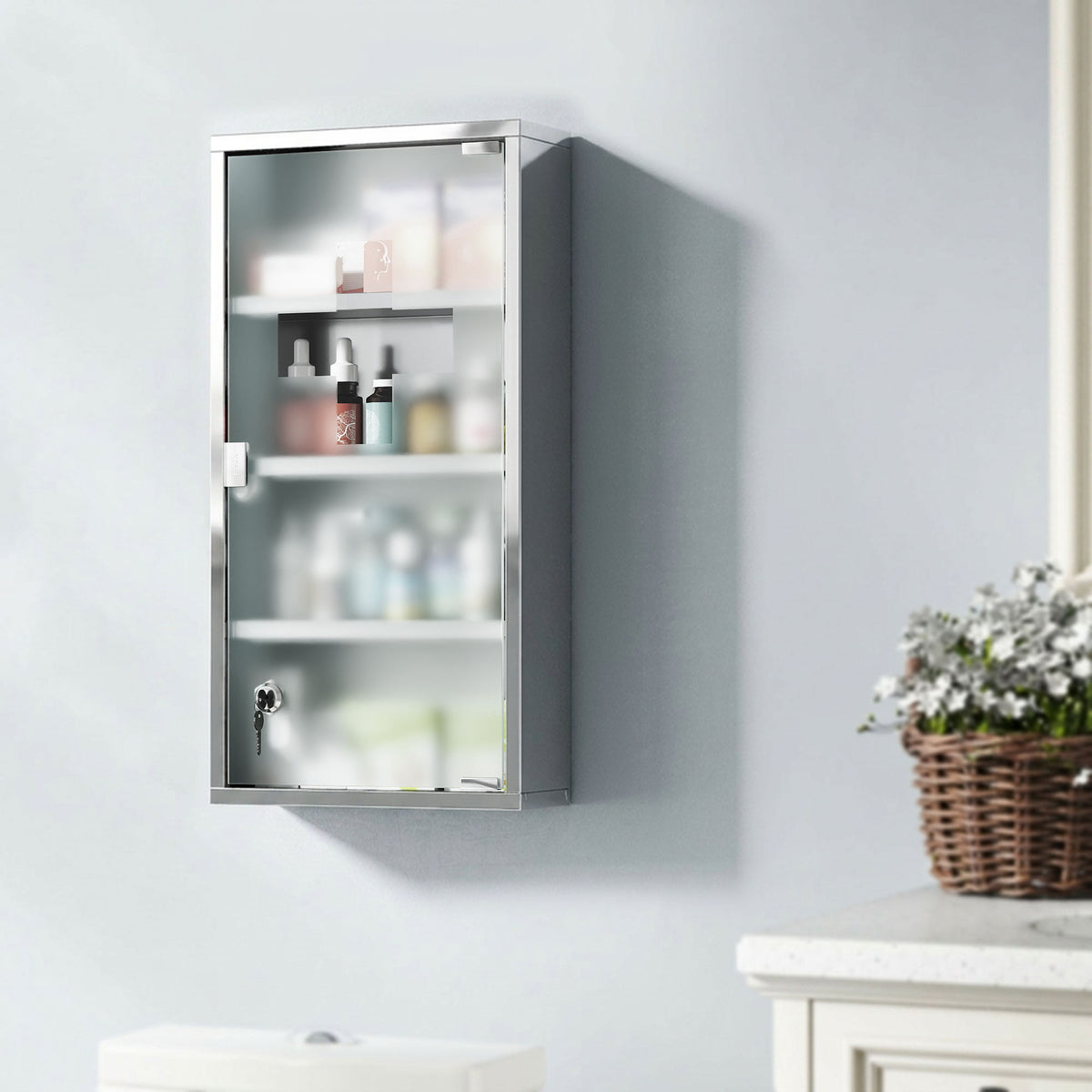 4 Tier Stainless Steel Wall Mounted Medicine Cabinet Glass Lockable Door Storage Shelves Houseware Bathroom Furniture 60Hx30Wx12D(cm) w/2 Keys