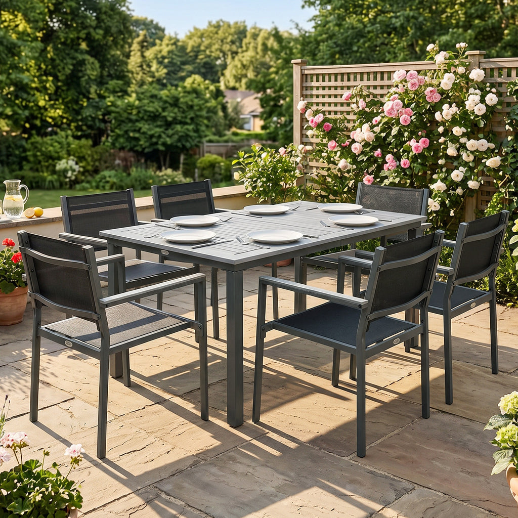 Outsunny Garden Dining Set with Acacia Wood Table Top, Outdoor Table and Stackable Chairs Set for 6 with Texteline Seat, for Patio, Conservatory, Terrace, Grey