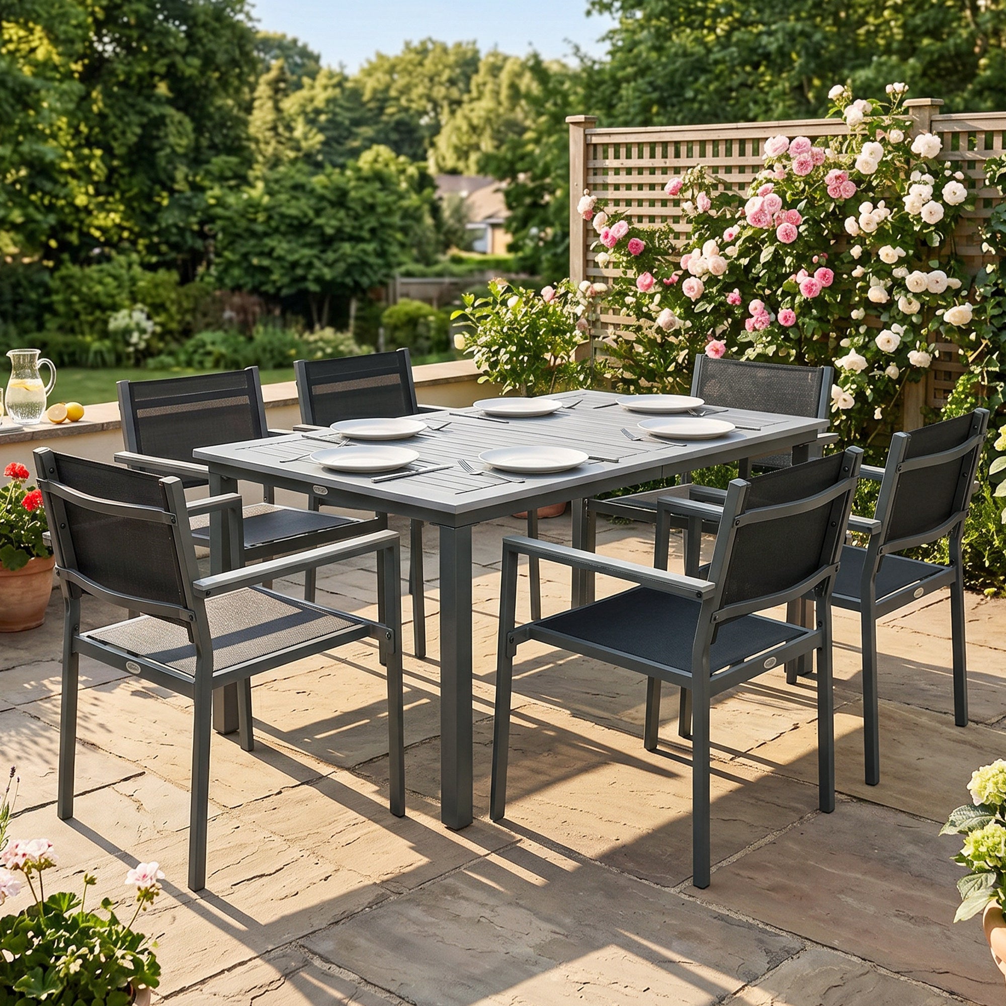 Outsunny Garden Dining Set with Acacia Wood Table Top, Outdoor Table and Stackable Chairs Set for 6 with Texteline Seat, for Patio, Conservatory, Terrace, Grey