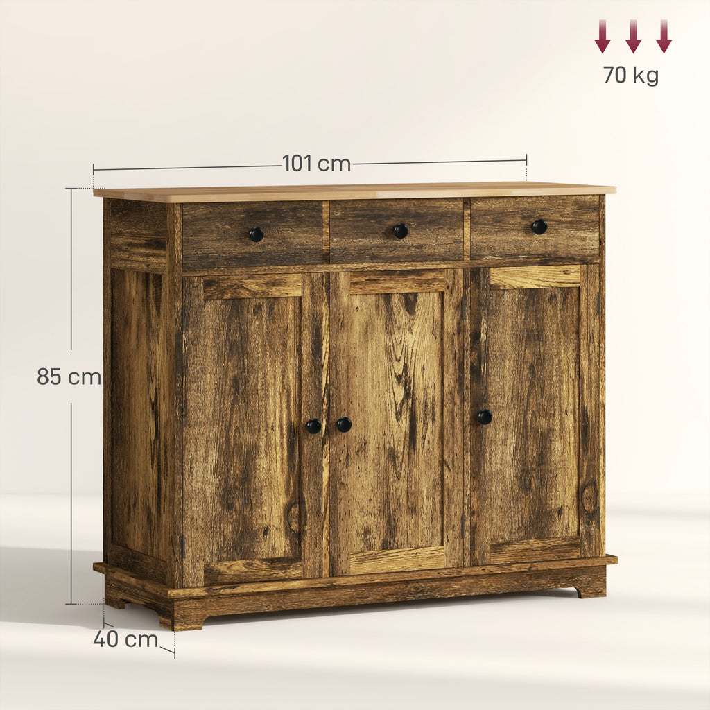 HOMCOM Sideboard with Rubberwood Top and Adjustable Shelves for Dining Room, Kitchen - Rustic Brown