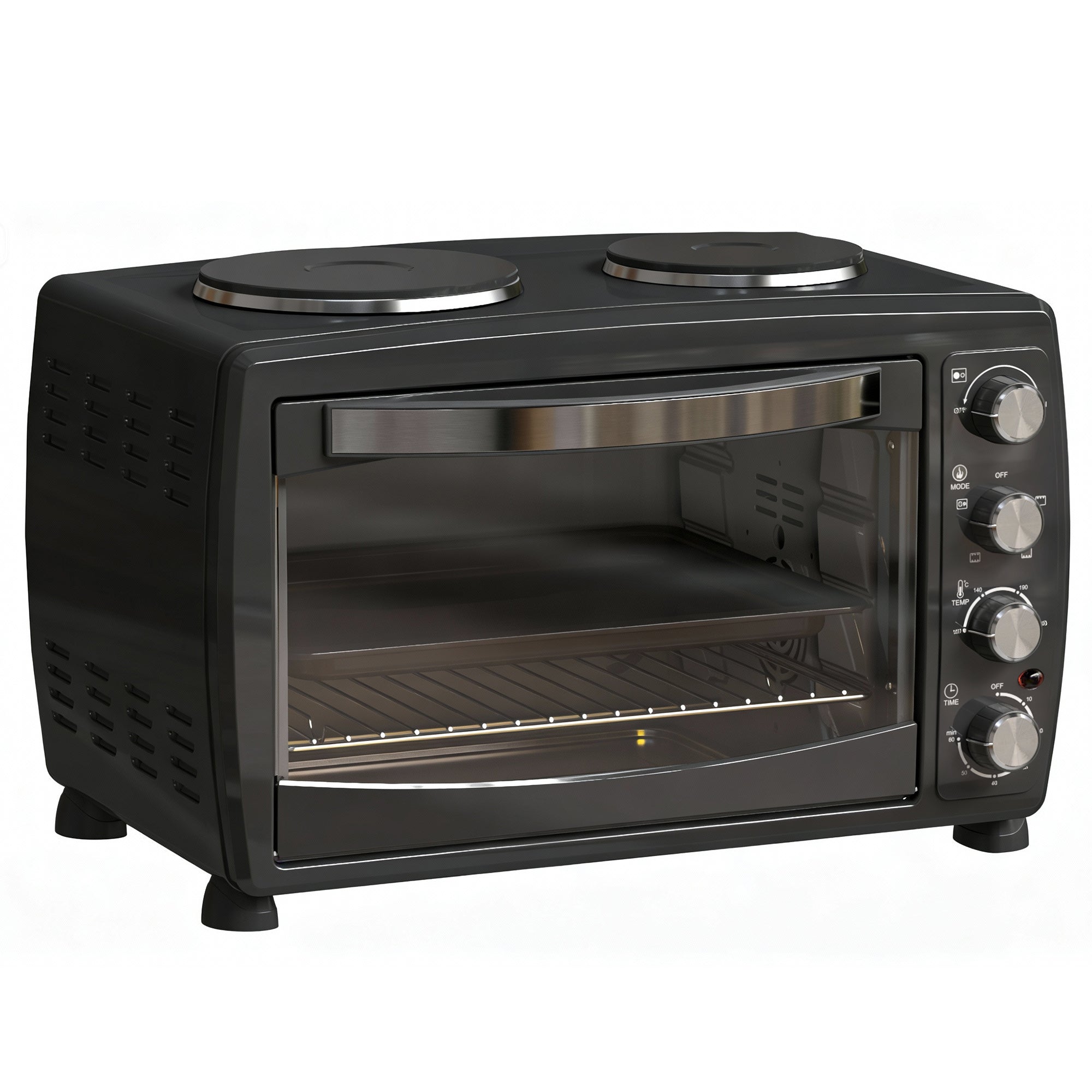 36L Small Oven with 2 Hot Plates, Countertop Toaster Oven, Grill, Roast, Bake, Boil, with Timer, Adjustable Temperature, Electric Oven with Baking Tray, Grill Rack, Crumb Tray, 2600W, Black