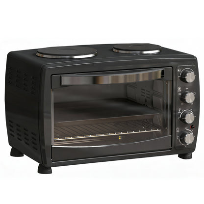 36L Small Oven with 2 Hot Plates, Countertop Toaster Oven, Grill, Roast, Bake, Boil, with Timer, Adjustable Temperature, Electric Oven with Baking Tray, Grill Rack, Crumb Tray, 2600W, Black