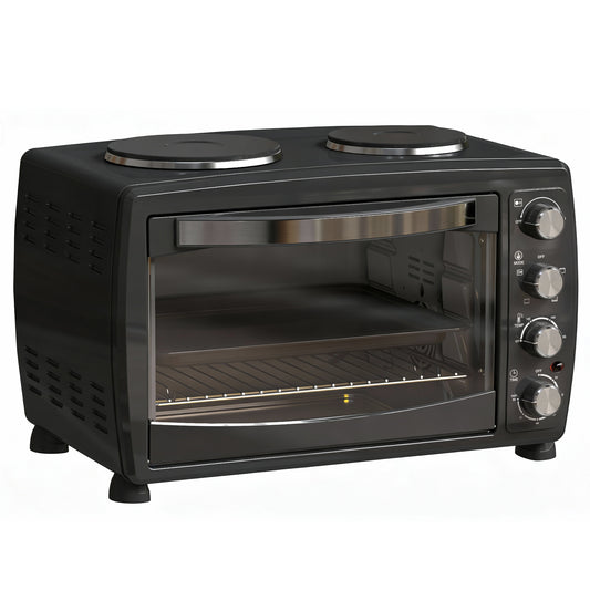 36L Small Oven with 2 Hot Plates, Countertop Toaster Oven, Grill, Roast, Bake, Boil, with Timer, Adjustable Temperature, Electric Oven with Baking Tray, Grill Rack, Crumb Tray, 2600W, Black