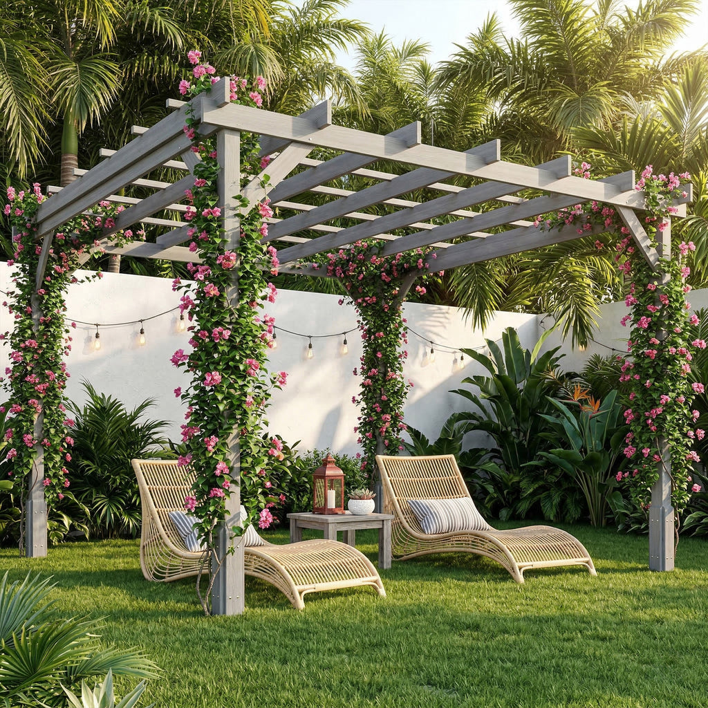 Outsunny 3 x 3 m Wooden Pergola Kit, Decorative Garden Gazebo Shelter with Stable Structure for Climbing Vines, Grey