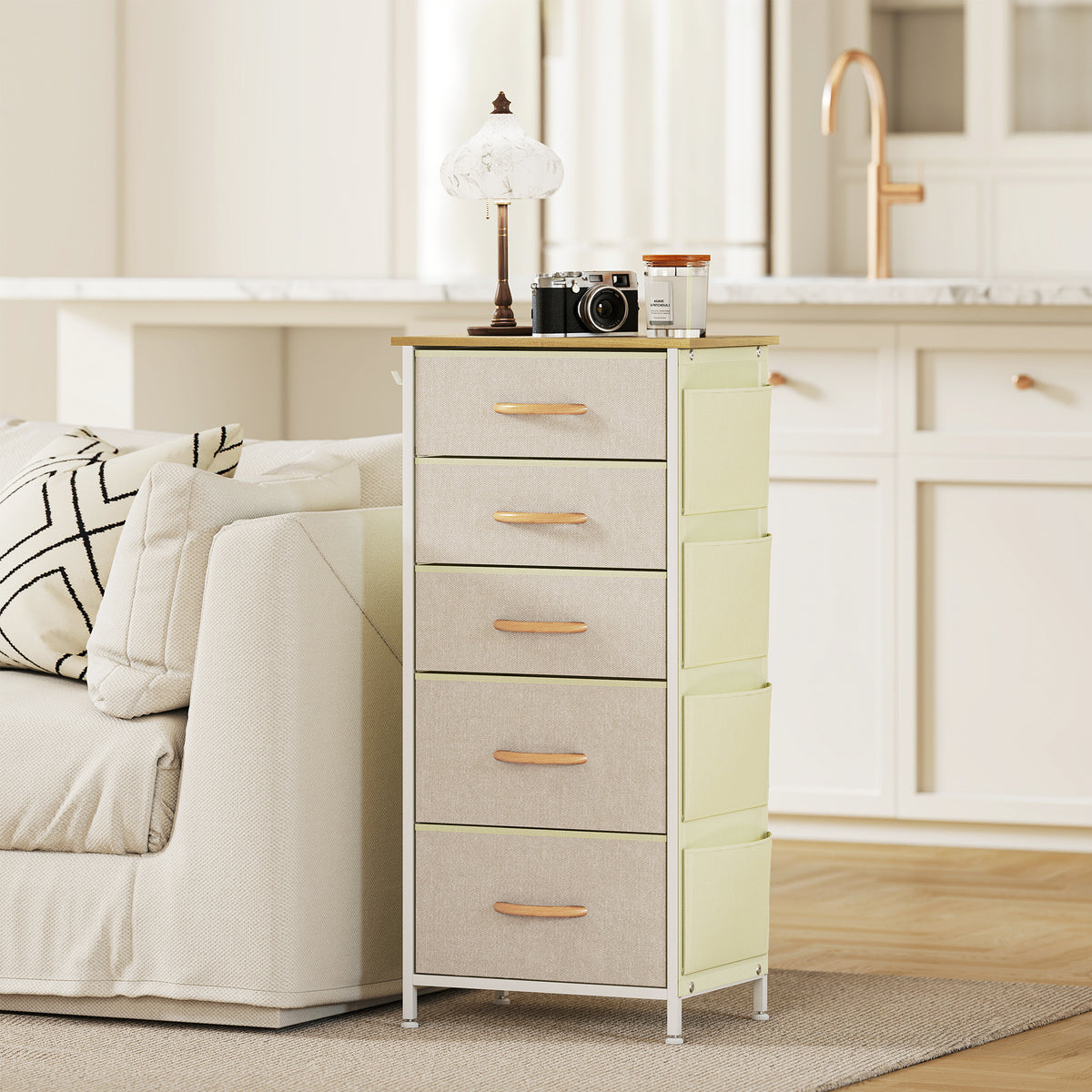 Chest of Five Fabric Drawers - Beige