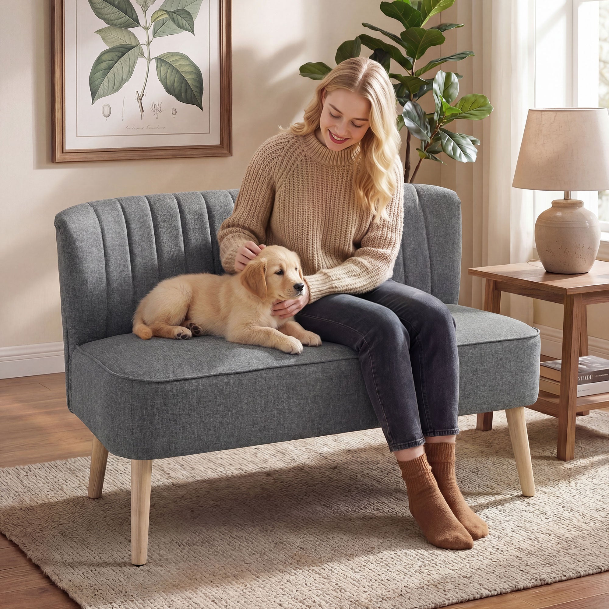 HOMCOM Modern Double Seat Sofa Loveseat Couch 2 Seater Compact Sofa Padded Linen Wood Leg Grey