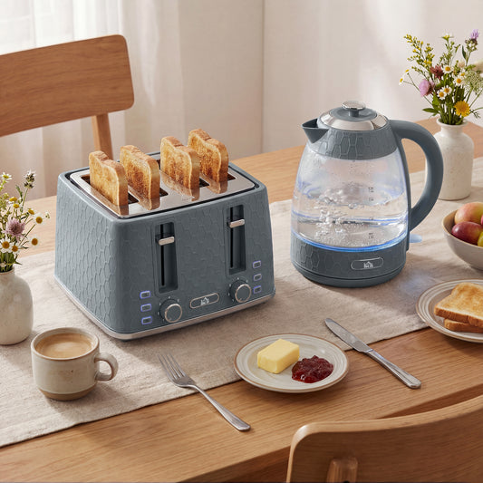 Kettle and Toaster Set, 1.7L 3000W Rapid Kettle with Strix Thermostat, 4 Slice Toaster with 7 Browning Controls, Grey