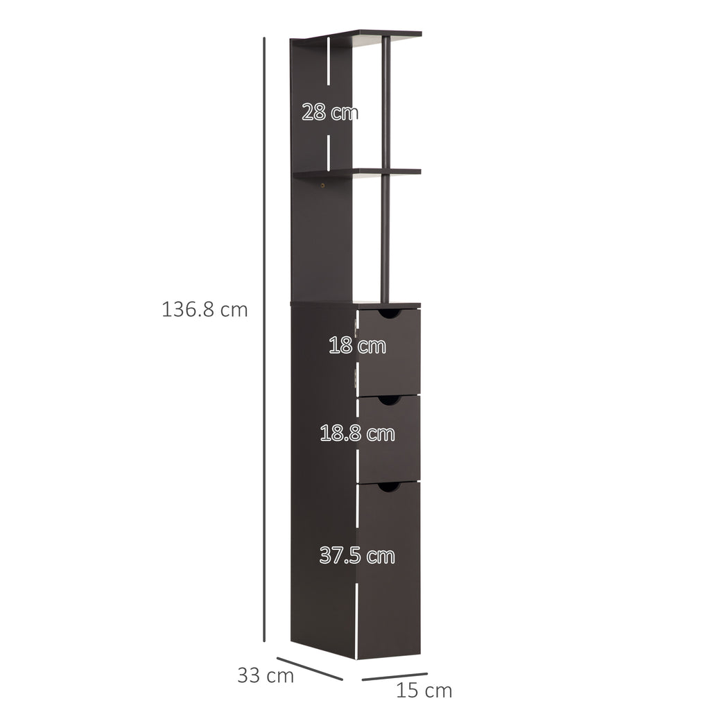 HOMCOM Tall Bathroom Cabinet, Freestanding Slim Bathroom Storage Cabinet with 2-Tier Open Shelf and 2 Drawers for Small Space, Narrow Cupboard Storage Unit, Brown