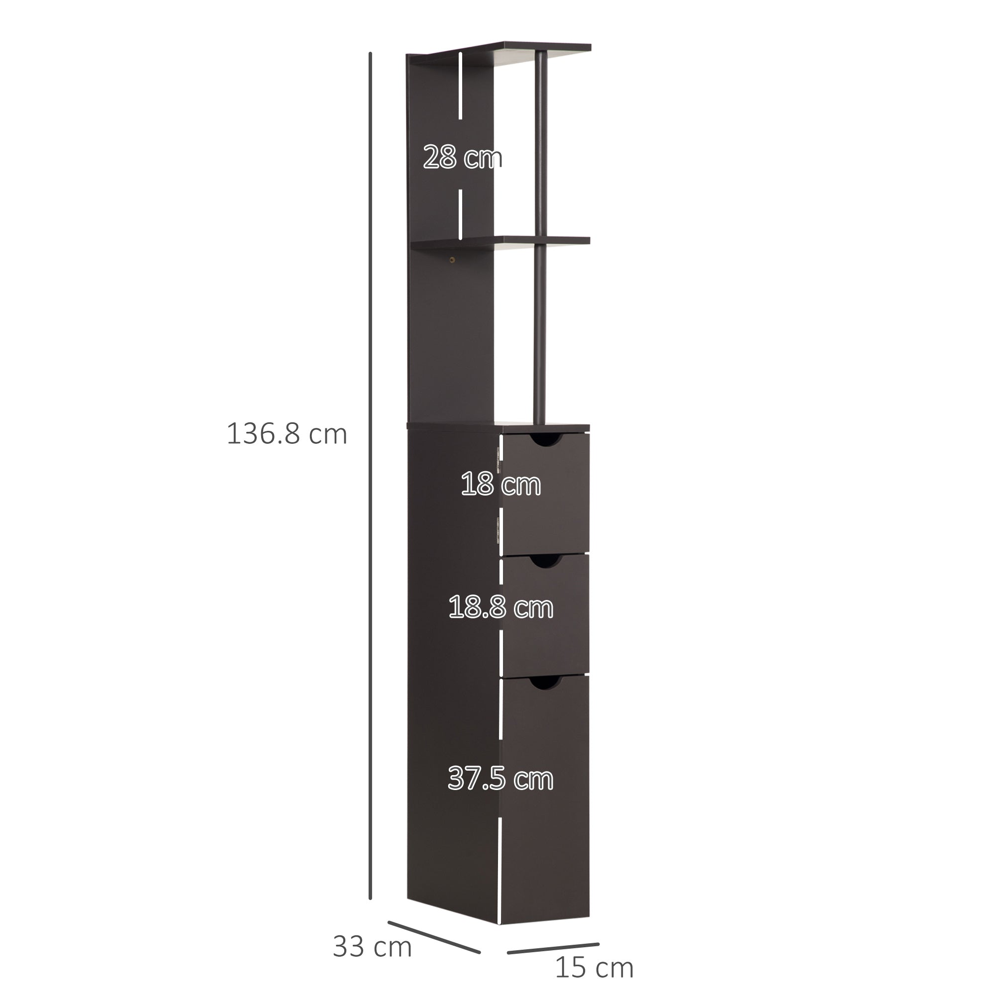 HOMCOM Tall Bathroom Cabinet, Freestanding Slim Bathroom Storage Cabinet with 2-Tier Open Shelf and 2 Drawers for Small Space, Narrow Cupboard Storage Unit, Brown