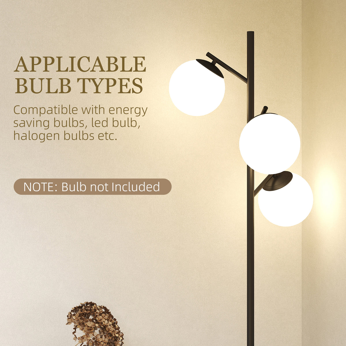 3-Light Tree Floor Lamps for Living Room, Modern Standing Lamp for Bedroom with Globe Lampshade, Steel Base, Bulb not Included, Black