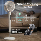 20dB Silent Standing Fan, 70°+90° Auto Oscillating Fan with 12 Speeds, LED Light, Air Circulator, Remote Control, 12H Timer, for Bedroom, 46 Inch, White