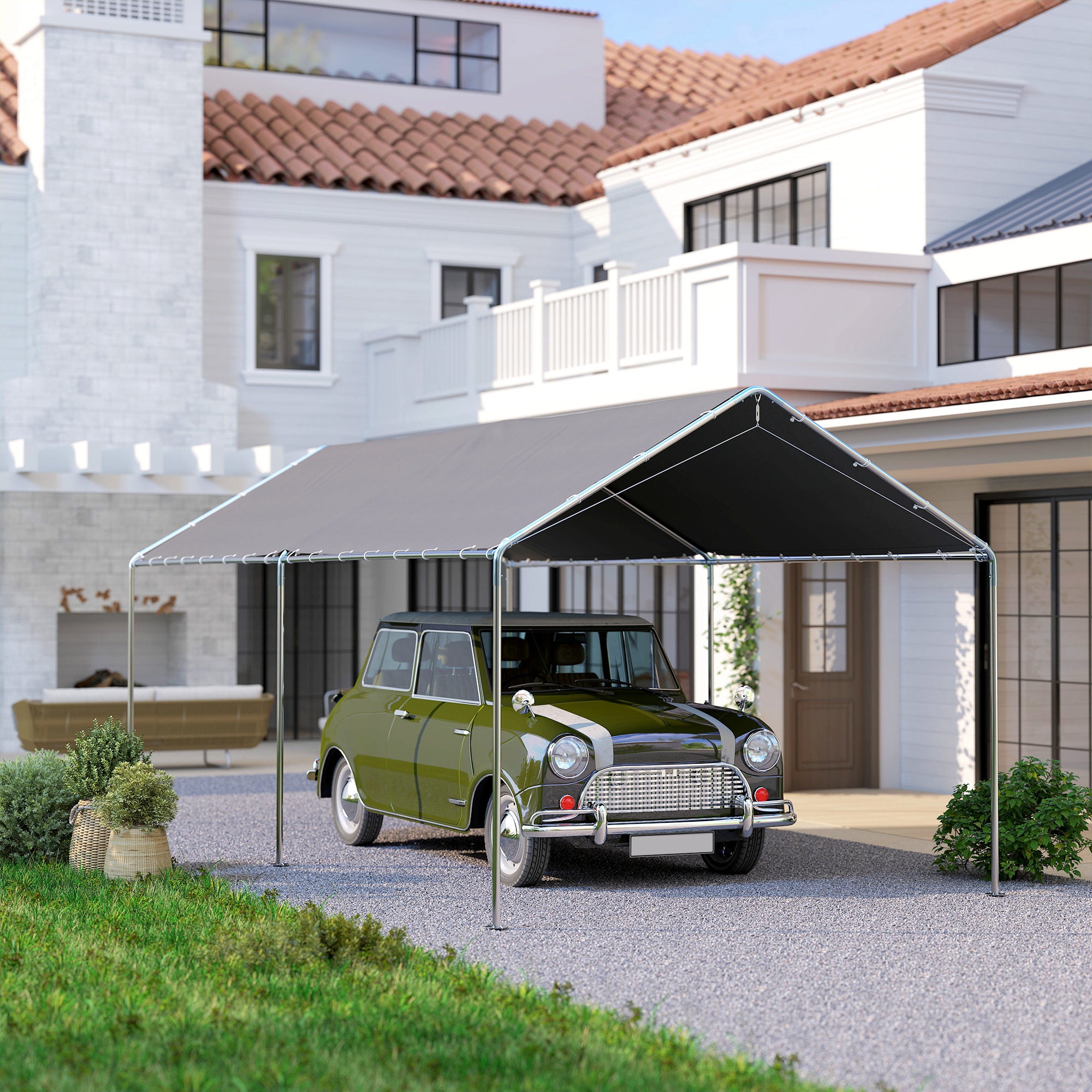 Outsunny 3 x 6m Heavy Duty Carport Garage Car Shelter Galvanized Steel Outdoor Open Canopy Tent Water UV Resistant Waterproof, Grey