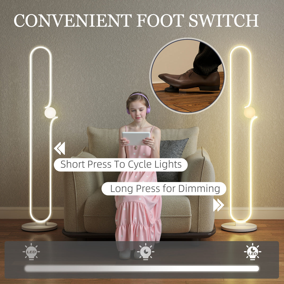 LED Floor Lamp, Dimmable Floor Standing Lamp with Glass Night Light, Foot Switch for Living Room, Bedroom, Office, White