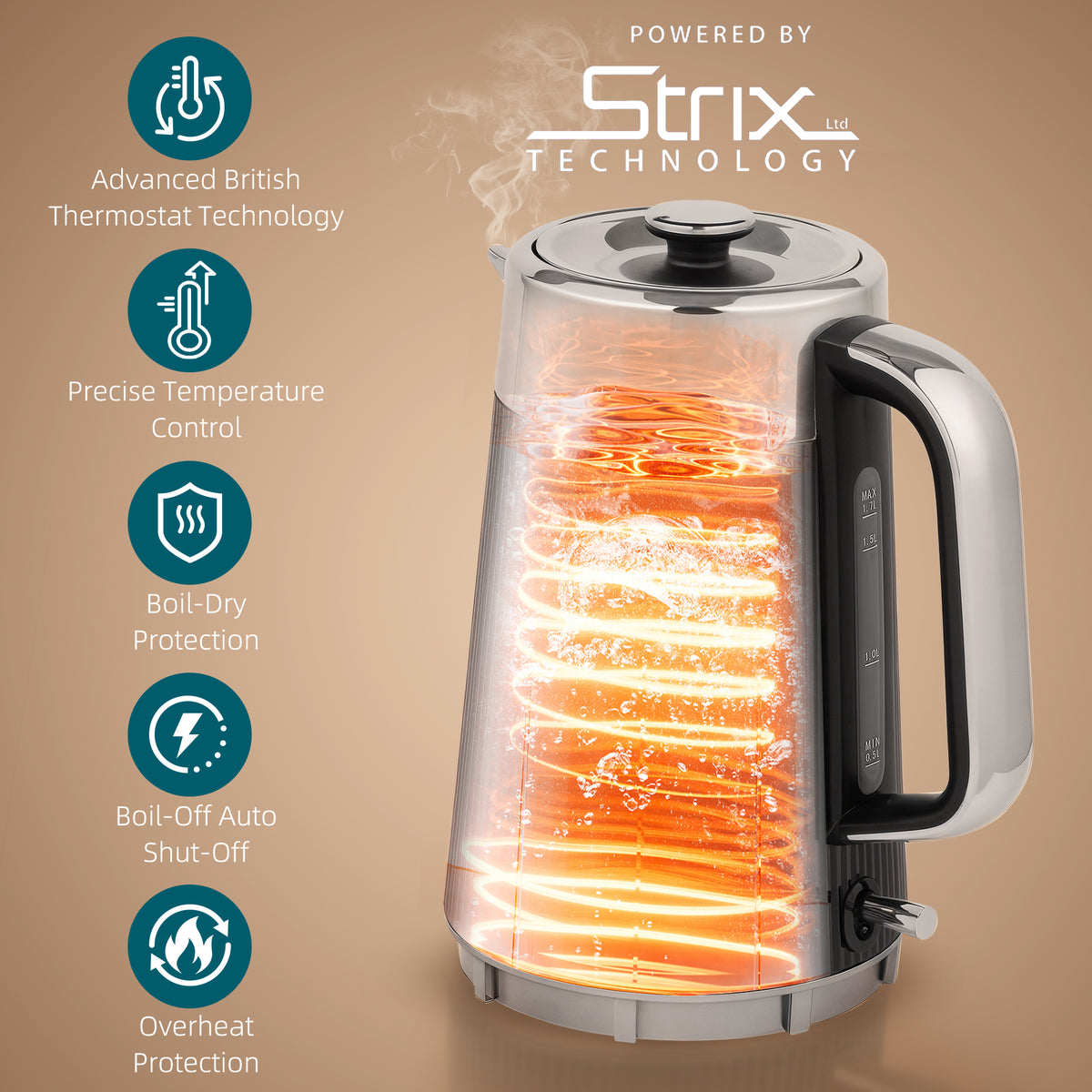 Electric Stainless Steel Kettle and Toaster Set, 3000W 1.7L UK Strix Thermostat Fast Boil Kettle w/ Limescale Filter, Cool Touch Body, 4 Slice Toaster with 7 Browning Levels, Black
