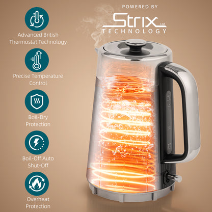 Electric Stainless Steel Kettle and Toaster Set, 3000W 1.7L UK Strix Thermostat Fast Boil Kettle w/ Limescale Filter, Cool Touch Body, 4 Slice Toaster with 7 Browning Levels, Black