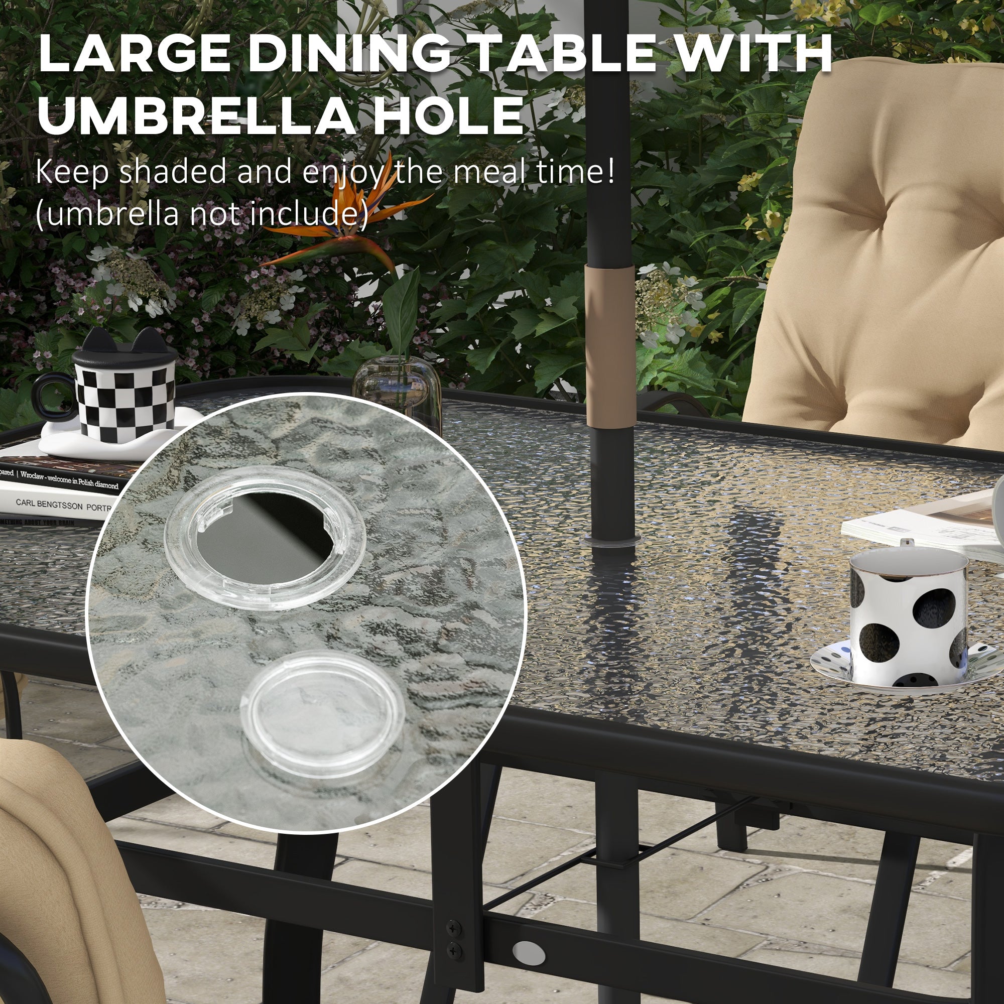 Outsunny Seven-Piece Garden Dining Set with Ripple Tempered Glass Tabletop and Full-size Cushions - Beige
