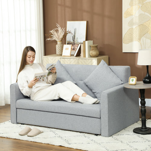 2 Seater Sofa Bed with Hidden Storage, Pull Out Convertible Bed Settee, Modern Linen Loveseat Sofa Sleeper with 2 Cushions for Living Room, Guest Room, Light Grey